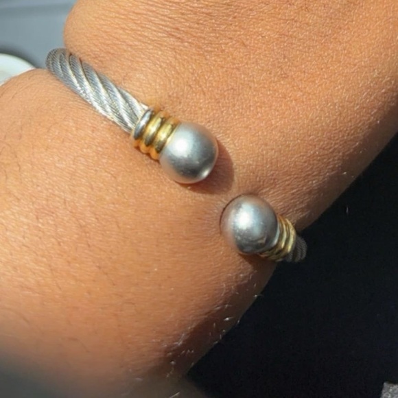 Vintage style grey pearl Twisted Cable  Bangle Bracelet silver gold two tone - Picture 7 of 8